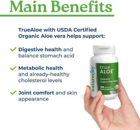 NatureCity True-Aloe Organic Aloe Vera Gut Health Support – 80,000mg Per Serving – 120 Capsules for Digestive, Skin &