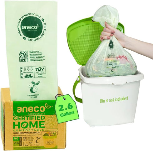 ANECO 100% Compostable Trash Bags, 2.6 Gallon, Extra Thick Kitchen Small Compost Bags, 100 Count