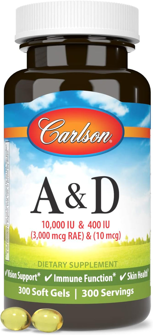 Carlson A & D, 10000 IU Vitamin A, 400 IU Vitamin D3, Vision Support, Skin Health, 300 Soft Gels