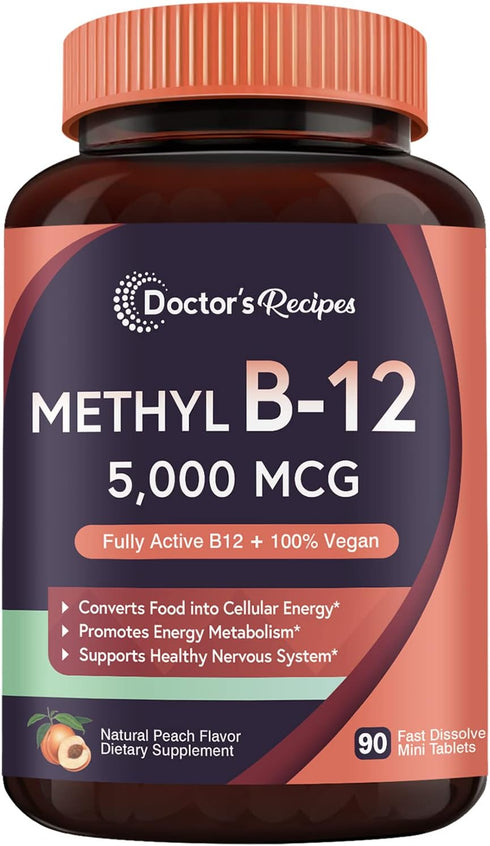 Doctor's Recipes Vitamin B12, Methylcobalamin 5000 mcg, 90 Fast Dissolve Tablets, Natural Peach Flavor