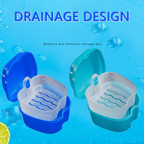 Denture Cleaner Box and Brush Set - 2 Pack Portable Denture Bath Case with Basket + 2 Pack Brushes (Light and Dark Blue)