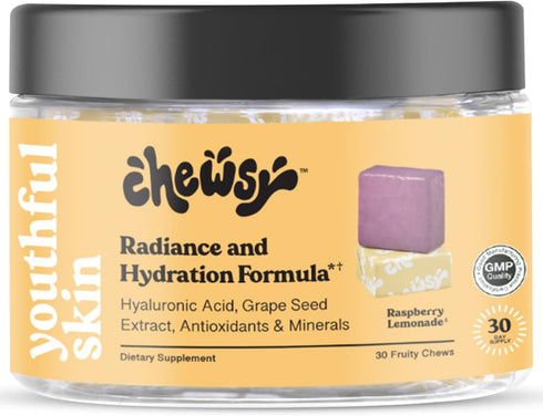 Youthful Skin Fruity Chews Vitamins - Radiance & Hydration Formula with Hyaluronic Acid, 30-Day Supply, Raspberry