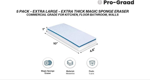 Eraser Pads - 5 Pack 4.5" x 10" Commercial Grade Melamine Sponges for Floor, Tile, Grout, Baseboard & Walls