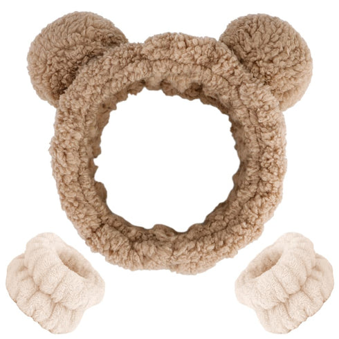 AHONEY Spa Bear Ears Headband, Cute Makeup Skincare Headbands and Wristband Set for Washing Face, Elastic Fluffy