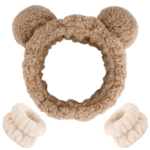 AHONEY Spa Bear Ears Headband, Cute Makeup Skincare Headbands and Wristband Set for Washing Face, Elastic Fluffy