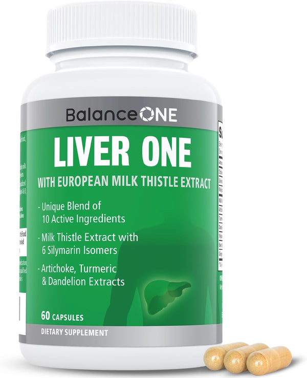 Balance ONE Liver Support Supplement with Milk Thistle Extract, Dandelion Root & Molybdenum, Vegan Capsules, 1 Month