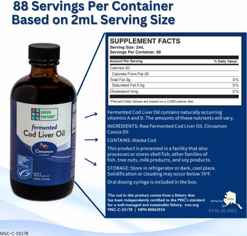Green Pasture Fermented Cod Liver Oil Liquid - 6 fl. oz. with Vitamin A, D, Omega 3, 6, 9 (Cinnamon)