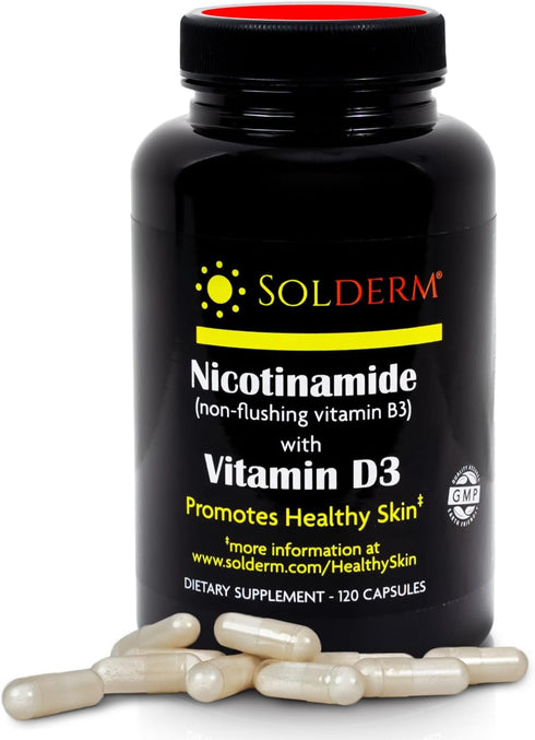 Nicotinamide Non-Flushing Vitamin B3 and D3 Supplement, Vegetarian and Gluten-Free, 60 Capsules, 500mg