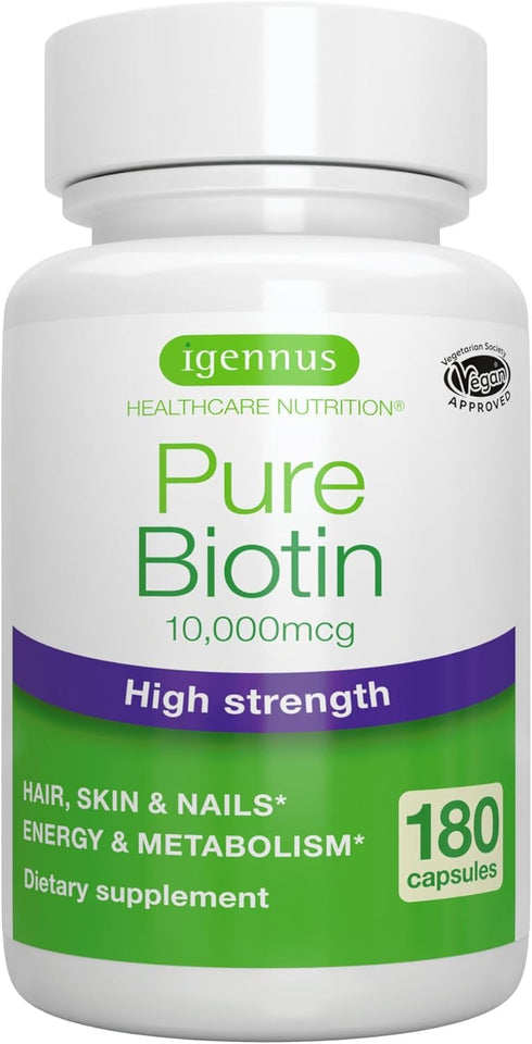 Pure Biotin 10,000mcg, Extra Strength Vitamin B7, 180 Small Easy to Swallow Capsules, Lab Verified, Vegan,