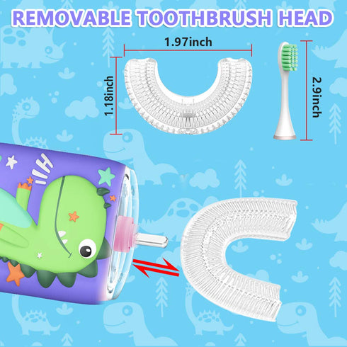 KRX 6 360 2-7 Kids Ultrasonic Electric Toothbrush, U Shaped Rechargeable Automatic Toothbrushes with Replacement Brush