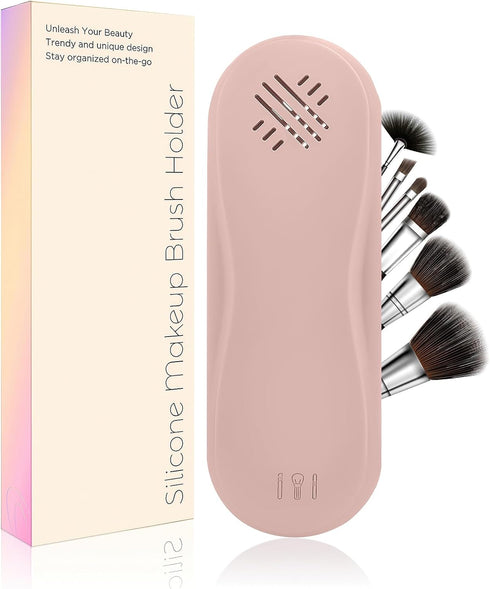 Upgraded Double Magnetic Makeup Brush Travel Case - Pink Silicone Makeup Brush Holder & Organizer, Birthday Gift for