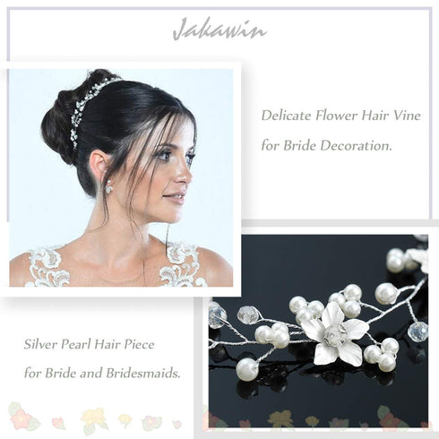 JAKAWIN Bride Wedding Hair Vine, Flower Hair Piece, Silver Bridal Headpiece, Pear Hair Accessories for Women