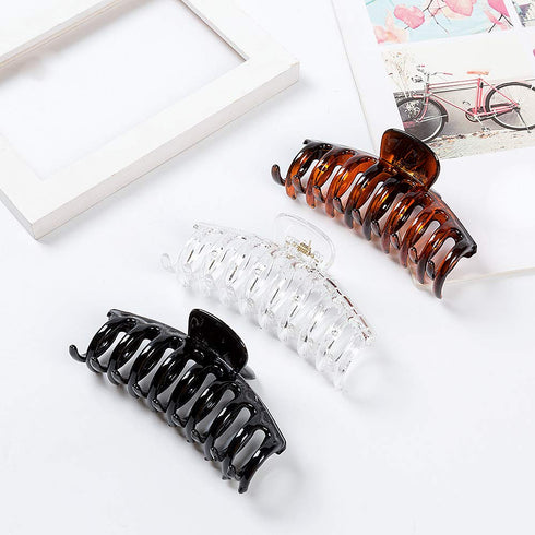 Polycarbonate Large Hair Claw Clips for Women, 3 Counts in Set of Black/Tortoise Shell Brown/Clear Resin, 4.3 inch in