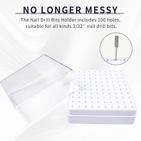 Nail Drill Bits Holder & Cleaning Brush, 100 Holes Dustproof Display Storage Box for Nail Tech (White)