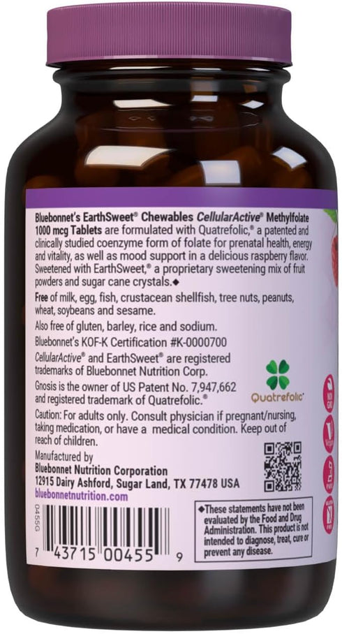Bluebonnet EarthSweet Methylfolate 1000 mcg Supplement - Prenatal & Energy Support - 90 Chewable Tablets