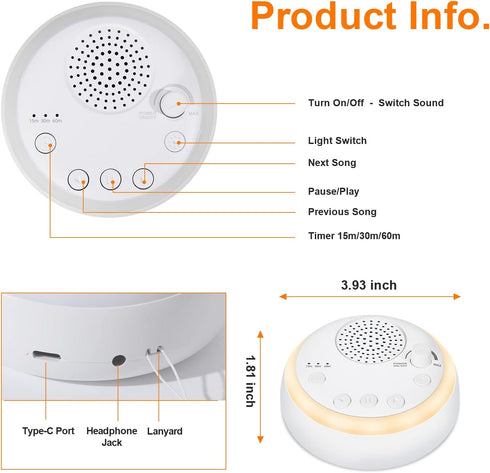 mmcrz 16 3 Portable Sleep Sound Machine for Baby Adult, Soothing Sound Noise Maker with Night Light, Travel White Noise