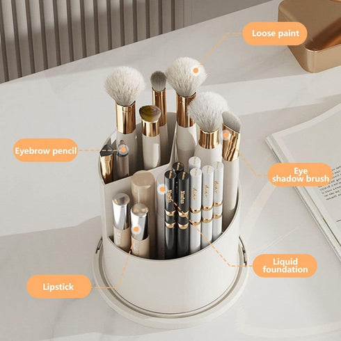 Makeup Brush Holder Organizer - 360° Rotating Luxury Cosmetic Organizer with Lid, Desktop Storage (White 1)