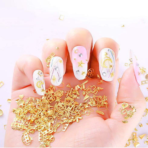 WOKOTO 6 Boxes Nail Art Studs Set, Gold Silver Hollow Star Moon Flower Rivet Kit with Tweezers and Picker Pencil