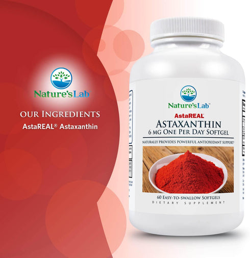 Nature's Lab AstaREAL Astaxanthin - 6mg of Potent Antioxidants - 60 Capsules (2 Month Supply)