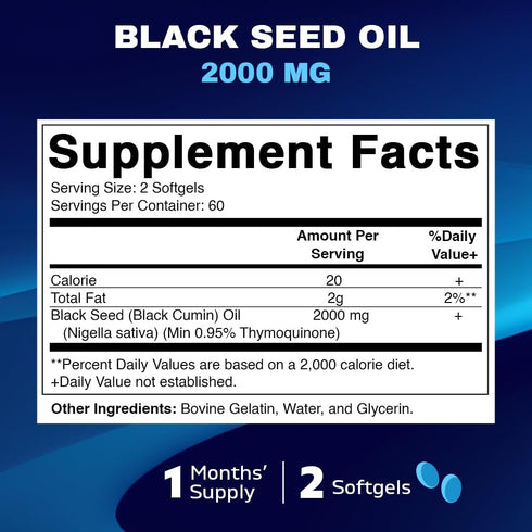 Vitamatic Black Seed Oil Capsules - 2000 mg per Serving - 120 Softgels - Colde Pressed - Contains Min 0.95% Thymoquinone - Supports Healthy Immune Response - Made in The USA