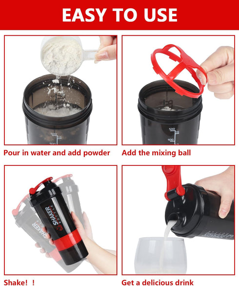 Protein Shaker Bottle, 16 oz Sports Water Bottle with Storage, Non-Slip 3 Layer Twist Off Cups & Pill Tray