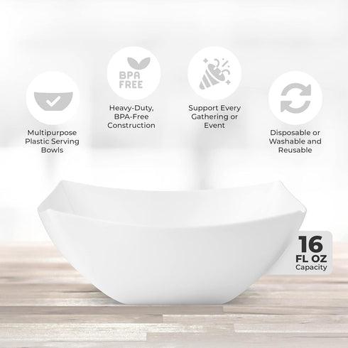 Posh Setting 4 Pack Small White Plastic Serving Bowls, Heavy Duty Disposable Candy Snack Buffet Salad Bowls