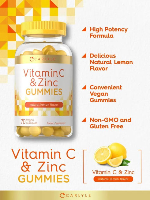 Carlyle Vitamin C and Zinc Gummies, 70 Count, Vegan, Non-GMO, Gluten Free Supplement, Lemon Flavor
