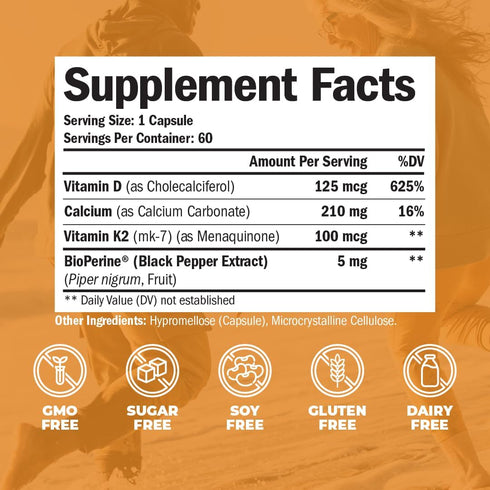 Vitamin D3, K2 Calcium Supplement 60 Capsules with BioPerine for Immune & Bone Health, 4 in 1 Support