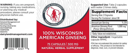 Dairyland American Ginseng Capsules, 75 ct (2000 mg) – Concentrated Wisconsin Ginseng Root Extract for Immune Support