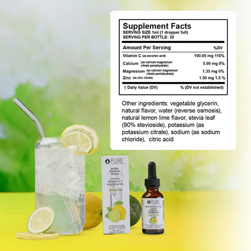 Pure Inventions Antioxidant Vitamin C + Electrolytes - Lemon Lime Flavored Water Infusion Drops - No Sugar, Calories,