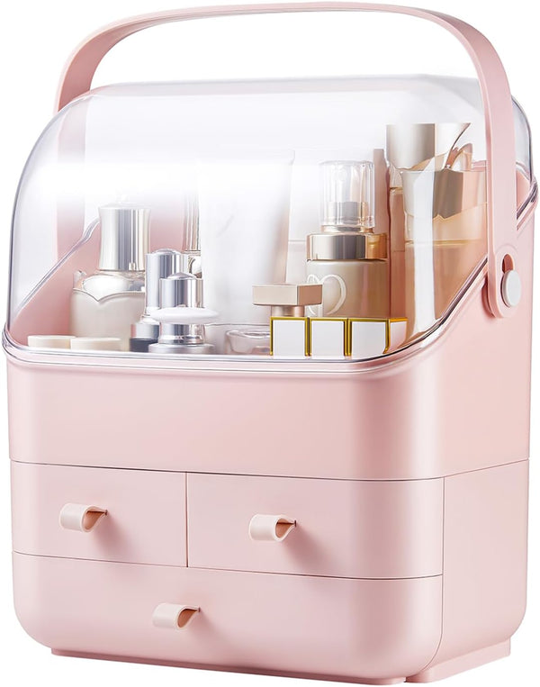 SUNFICON Preppy Skincare Organizer, Pink Makeup Holder with Large Display Case and Dust Free Cover, 2 Roomy Drawers