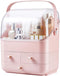 SUNFICON Preppy Skincare Organizer, Pink Makeup Holder with Large Display Case and Dust Free Cover, 2 Roomy Drawers