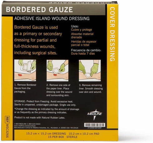 Medline Adhesive Island Wound Dressing, Bordered Gauze, 6" x 6", Sterile, 15 Count