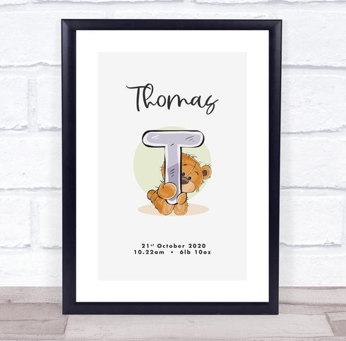 The Card Zoo New Baby Birth Details Christening Nursery Bear Initial T Keepsake Gift Print