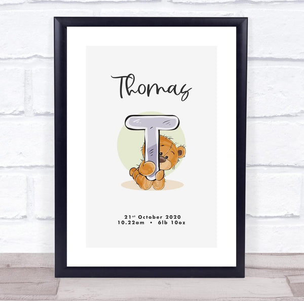 The Card Zoo New Baby Birth Details Christening Nursery Bear Initial T Keepsake Gift Print