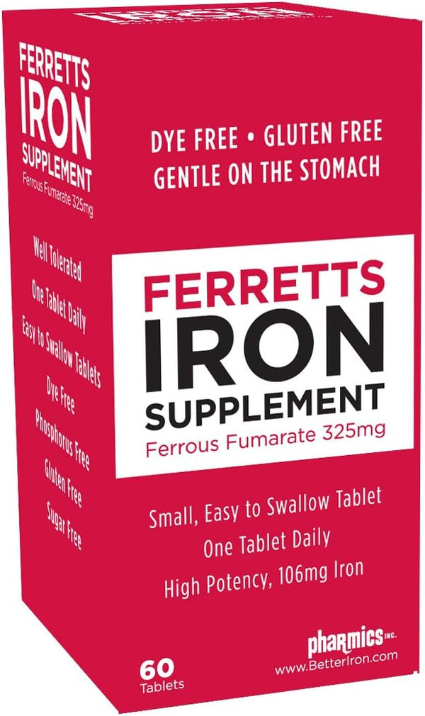 Ferretts Iron Supplement - High Potency 106 mg Elemental Iron, 60 Tablets