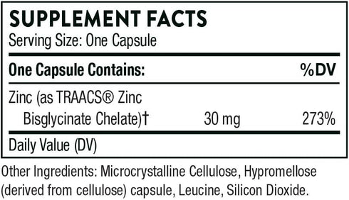 Thorne Zinc Bisglycinate 30mg - Daily Support for Skin, Eye & Immune System Health with Zinc Supplement Capsules - 60 Capsules