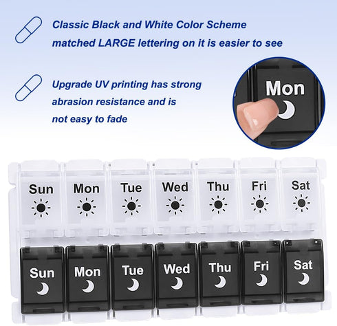 Package 2 7 HRX Pill Organizer Times a Day, Easy Fill & Open Weekly Medicine Box Vitamin Cases for Day AM PM