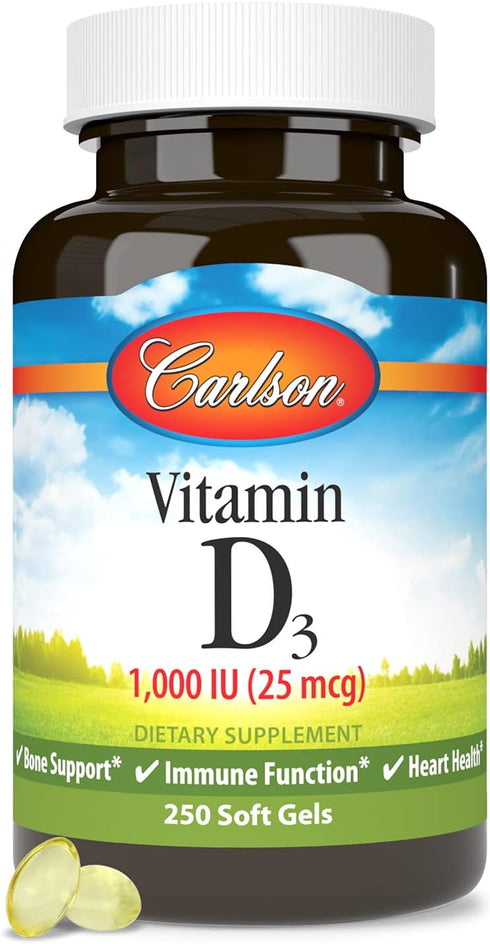 Carlson - Vitamin D3, 1000 IU (25 mcg), Bone Health, Muscle Health, Cholecalciferol, Vitamin D Supplements, 250 Softgels