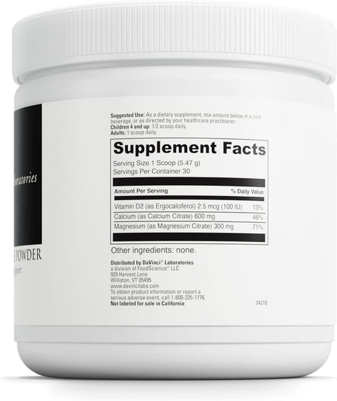 DaVinci Labs Cal-Mag Citrate Powder - Supports Bone Health* - Dietary Supplement with Vitamin D2, Magnesium & Calcium - Vegetarian - Gluten-Free - 30 Servings