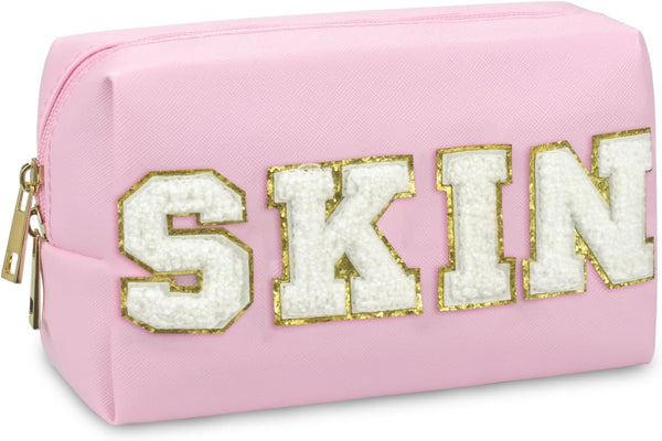 Preppy Patch Makeup Bag, PU Leather Portable Waterproof Cosmetic Bag for Daily Use (Pink)