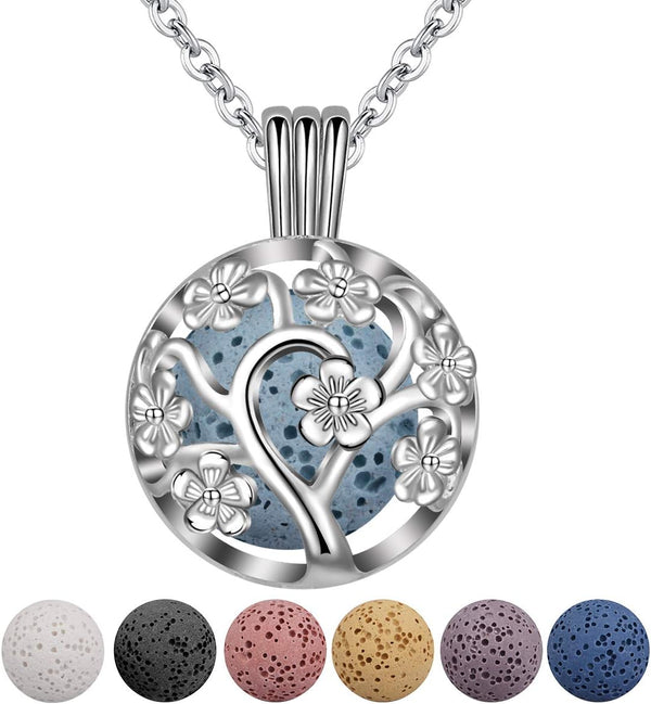 INFUSEU Sakura Tree Aromatherapy Necklace, Essential Oils Diffuser Locket Pendant with 7 PCS Lava Rock Stones