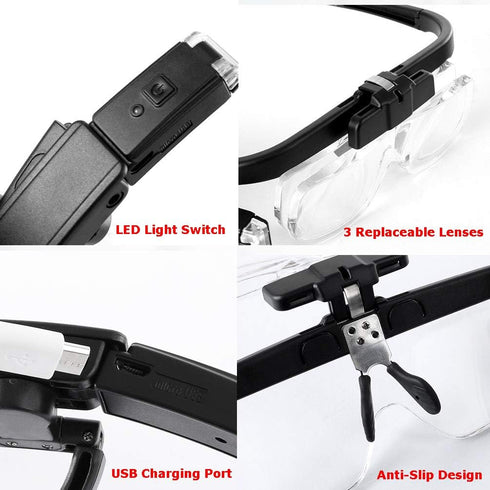 Magnifying Glass with LED Light - USB Rechargeable Head Magnifier Glasses for Crafts, 3 Replacement Lenses