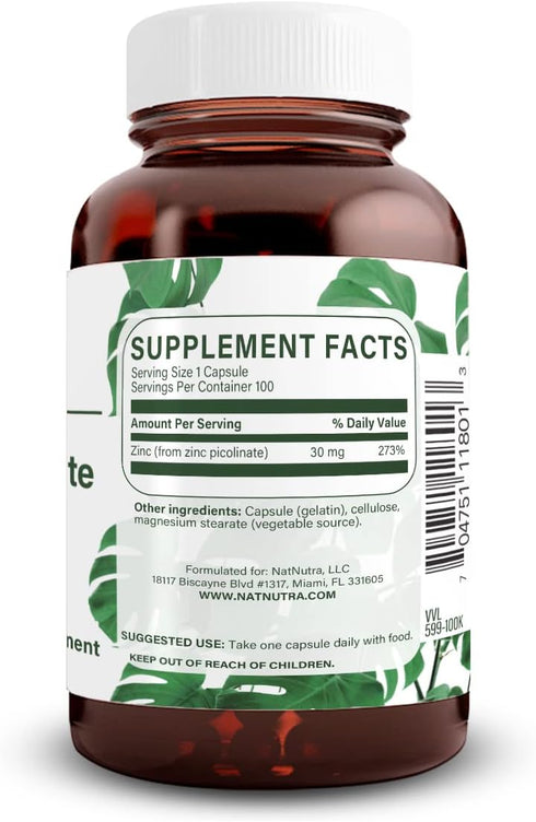 Natural Nutra Zinc Picolinate 30 mg, Double Strength Supplement for Growth and Immune Support, 100 Capsules