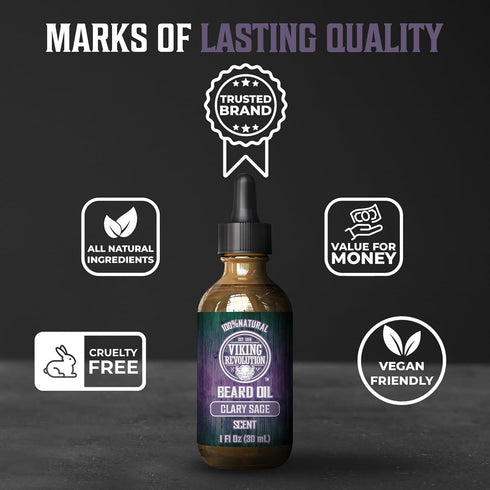 Viking Revolution Beard Oil with Clary Sage for Men - Natural Blend with Argan and Jojoba Oils for Softening and