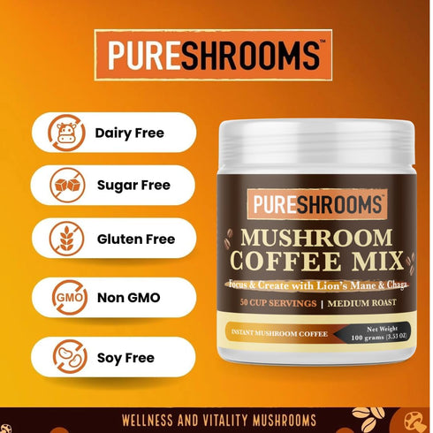 Focus & Create Adaptogenic Instant Mushroom Coffee, 50-Serve Pack with Lion’s Mane & Chaga for Brain Support