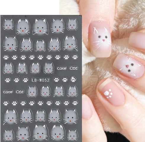 5D Embossed Nail Stickers with Tweezer, 4 Sheets Self-Adhesive Cute Cat Pattern Nail Art Supplies for Women