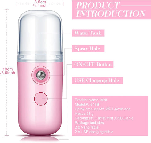 Honoson 2 Pieces Nano Facial Mister, 30 ml Mini Face Humidifier, USB Rechargeable Handy Skin Care Machine for Hydrating