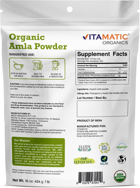 Vitamatic Amla Berry Powder 1 Pound (16 Ounce) - Certified USDA Organic, Rich in Antioxidant Vitamin C, Gluten Free