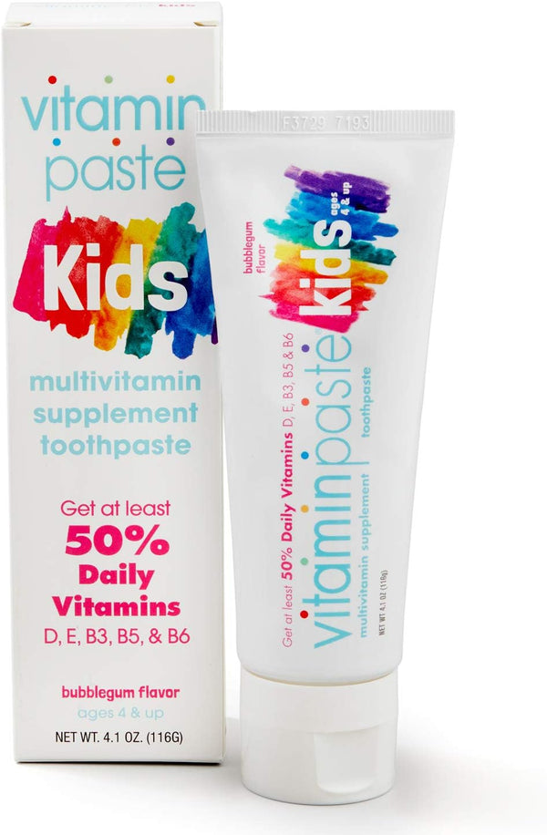 Kids Toothpaste with Daily Multivitamins B3, B5, B6, D, E, Xylitol, Calcium, Fluoride Free, 4.1oz, Bubble Gum